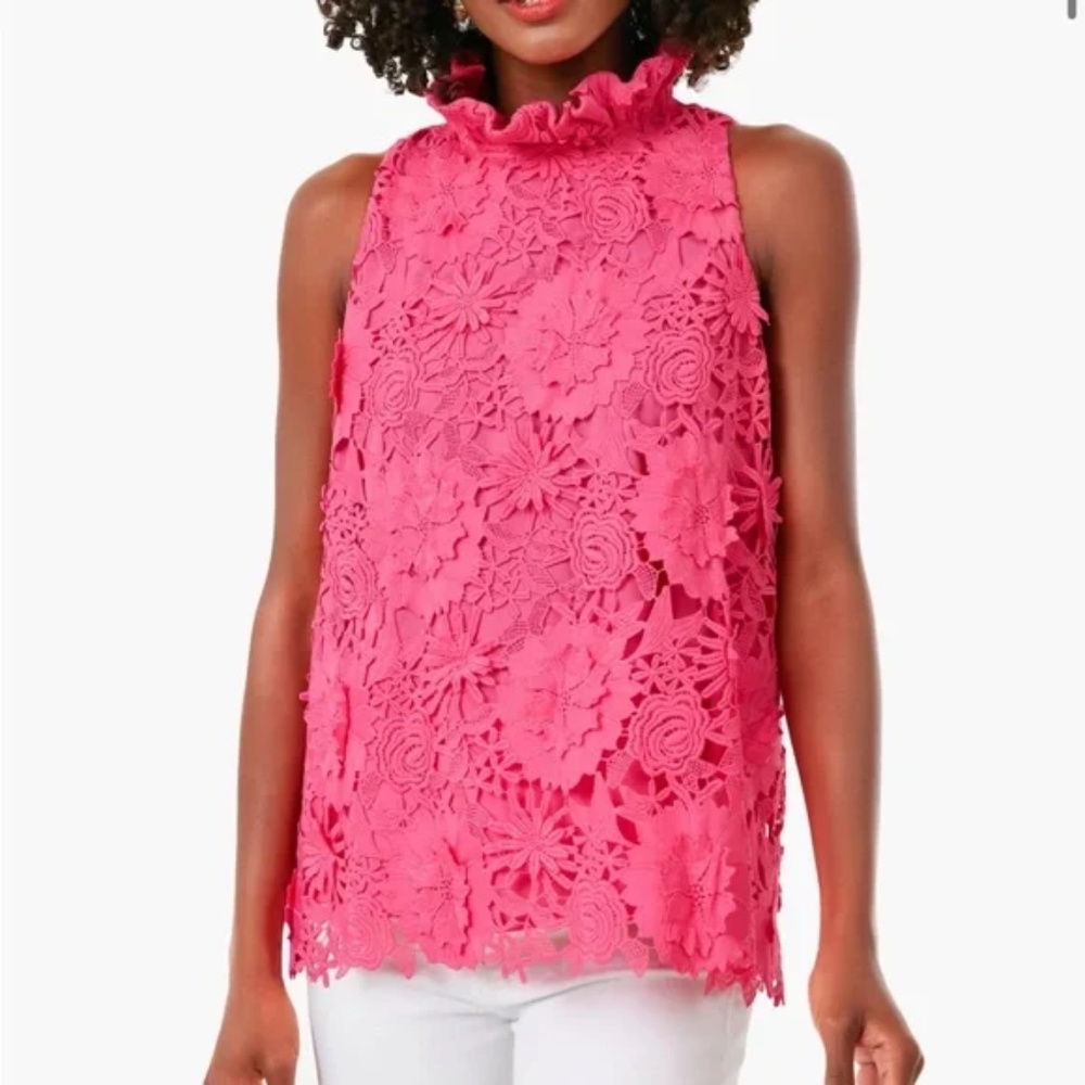 TUCKERNUCK Hibiscus Guipure Lace Mason Top Hot Pink XS or S